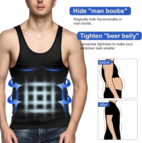 Vista 2 de Odoland Paquete de 5 chalecos moldeadores de cuerpo para hombre, moldeador de abdomen, manga corta, faja moldeadora sin mangas, capa base
