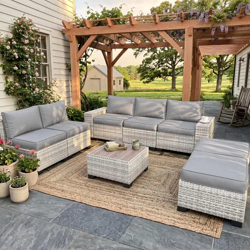 Vista 21 de Muebles de patio al aire libre conjunto PE mimbre ratán al aire libre sofá seccional Gris