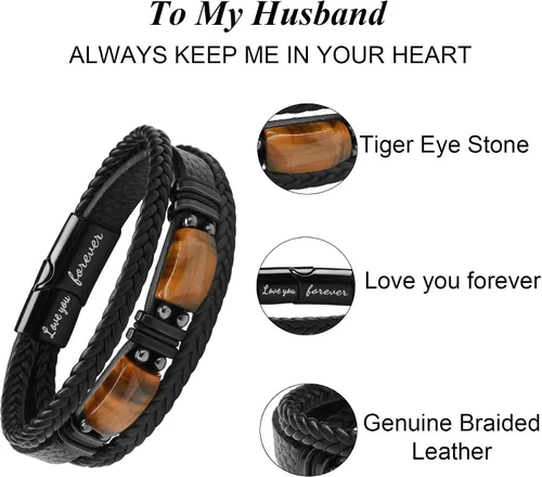 Vista 6 de JoycuFF Pulseras de cuero trenzado marrón para hombre, regalos para papá, novio, marido, hijo, nieto, hermano, para siempre, para el día del padre