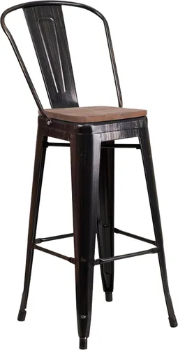 Vista 3 de Merrick Lane Amsterdam Taburete de bar – Silla de bar de metal negro antiguo con asiento de madera – Taburete de cocina con respaldo curvado