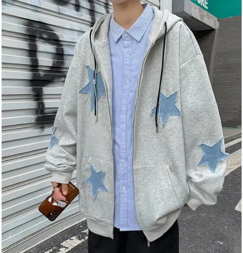 Vista 2 de Y2K Sudadera con capucha para mujer, diseño de estrellas grunge, con cremallera, Acubi Emo de gran tamaño, chaqueta con capucha Harajuku, ropa Alt