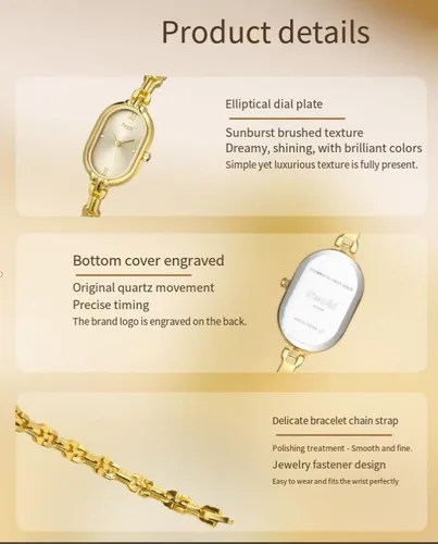 Vista 6 de Elegante reloj ovalado impermeable dorado vintage reloj ajustable de acero inoxidable pulsera de cuarzo para mujer