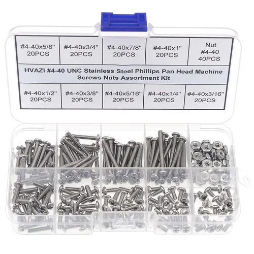 Vista 9 de Juego surtido de tornillos Phillips de cabeza plana de acero inoxidable #2-56 UNC y tuercas 220PCS, 9 Sizes, 5/32" to 1" Length, Imperial
