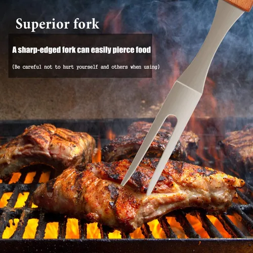 Vista 6 de IMAGE Accesorios de barbacoa de madera, herramientas de barbacoa de acero inoxidable, juego de utensilios de parrilla para parrilla al aire libre