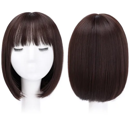 Vista 11 de Pelucas Bob con flequillo, peluca de cabello castaño rojizo de 10 Caoba