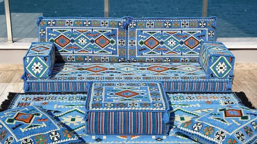 Vista 5 de arabicsofa Sofá Tradicional Árabe para Piso – Juego de Cojines Modulares para Sala de Estar Azul