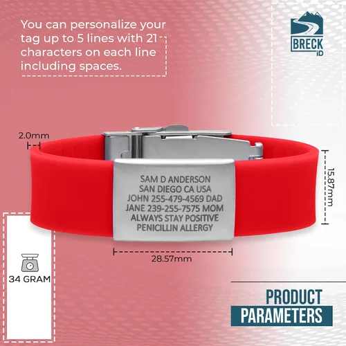 Vista 3 de Pulsera de alerta médica PRO personalizada - Identificación de silicona roja para hombres y mujeres