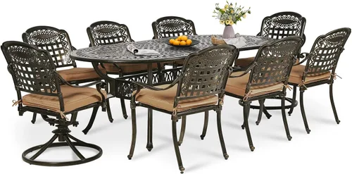 Vista 28 de Juego de comedor de patio de 9 piezas, mesa y sillas de patio al aire libre, mesa de comedor ovalada de aluminio fundido de 84 pulgadas con agujero