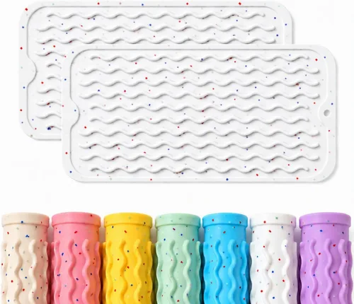 Vista 9 de CAKETIME Paquete de 2 tapetes de secado de platos de silicona multicolor para encimera de cocina, comedor, manteles individuales resistentes al