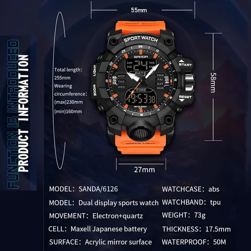 Vista 6 de KXAITO Men's Stainless Steel case Sports Watch Military Watch Outdoor LED Stopwatch Digital Electronic Large Dual Display Waterproof Tactical Army