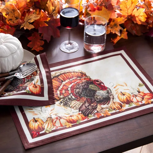 Vista 3 de Elrene Home Fashions Autumn Heritage Turkey Engineered Servilletas, juego de 4, 17"x17