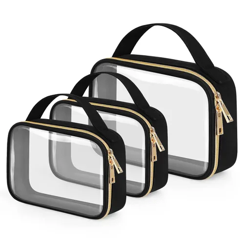 Vista 27 de Bolsa de aseo transparente Wedama, paquete de 2 bolsas de maquillaje transparentes con asas, bolsas cosméticas de PVC para mujeres y hombres, bolsas
