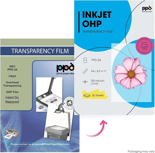 Vista 2 de PPD 50 hojas de película transparente de 8.5 x 11 pulgadas para inyección de tinta prémium OHP