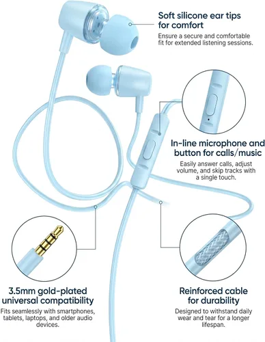 Vista 4 de 2 paquetes de auriculares para niños (azulvioleta) GOGOSINIS 2-Pack Teens Wired Student Earbuds with Carabiner Clips to Attach on School