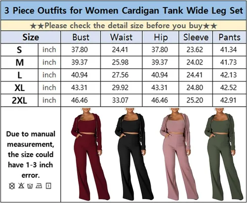 Vista 5 de WUSENST Women 3 Piece Outfits Ribbed Knit Long Cardigan Crop Tank Top Wide Leg Palazzo Pant Lounge Sets