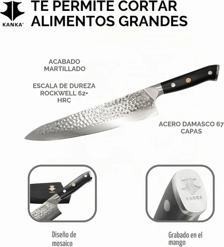 Vista 2 de KANKA Cuchillo de chef de acero Damasco de 8 pulgadas - 67 capas de acero profesional, núcleo de 10Cr, borde afilado 62 HRC, mango ergonómico