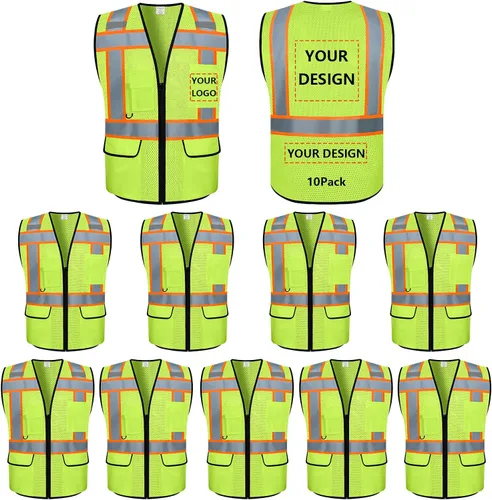 Vista 25 de Chaleco Reflectante Clase 2 de Seguridad ANSI con Bolsillos y Cremallera de Alta Visibilidad Uniforme de Construcción K-verde-1pack-custom