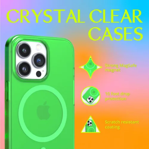 Vista 2 de FELONY CASE Funda para iPhone 14 Pro - Funda transparente verde neón, compatible con MagSafe - Funda protectora a prueba de golpes de 360° diseñada