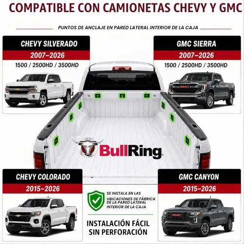 Vista 4 de Bull Ring 1001 XT para chevy GMC/Silverado/Sierra 2007-2017, Colorado/Canyon 2015-2017. Enganche retráctil para paneles laterales de cajas