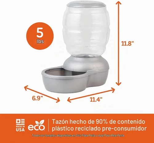 Vista 5 de Comedero Petmate rellenable con protección antibacteriana Microban, Blanco Perlado Made in USA 2-Gris perla y plata.