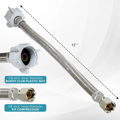Vista 2 de Conector de inodoro DecoSource - Manguera de inodoro trenzada de acero inoxidable con rosca FIP de 1/2 pulgada x rosca hembra de 7/8 para válvula
