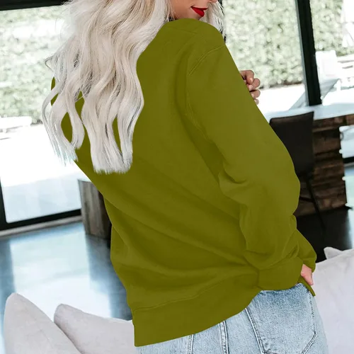 Vista 3 de Sudaderas para mujer, casuales, lindas camisas de manga larga con cuello redondo, ajuste relajado, color dopamina