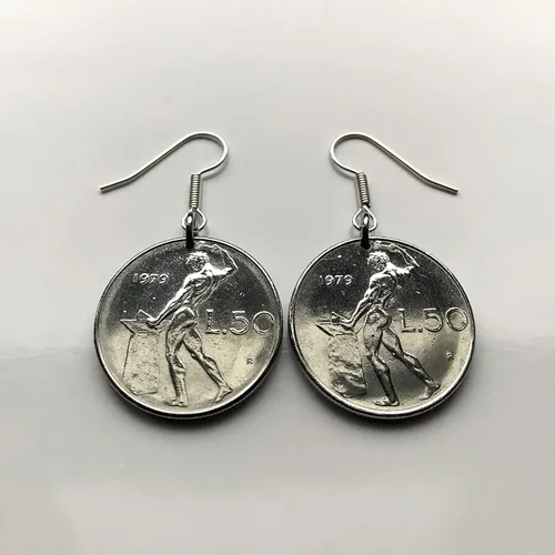 Vista 4 de 1959 Italy 50 Lire coin earrings Italian jewelry Vulcan blacksmith Roma Milan Florence Venice Verona Genoa Perugia Palermo Bologna Torino Napoli