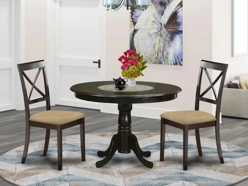 Vista 6 de East West Furniture HLBO3-CAP-C - Juego de mesa de comedor de 3 piezas para espacios pequeños, contiene una mesa de comedor redonda con pedestal y 2