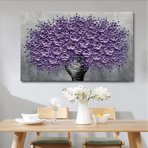 Vista 3 de Epicler art Pintura al óleo decorativa de flores 3D moradas pintadas a mano, arte de pared decorativo de pared de flores, arte moderno, sala