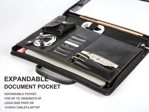 Vista 6 de Calfinder Cartera de cuero con asa, funda de transporte ligera con bolsillo para portátiles de hasta 15 pulgadas, con soporte para bloc legal, Negro