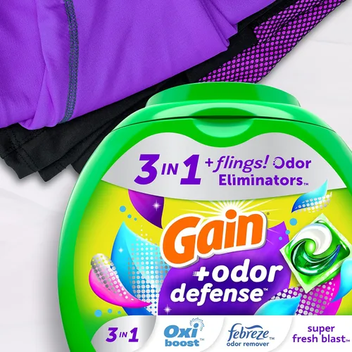 Vista 4 de Gain Flings cápsulas de detergente para lavandería con defensa contra el olor, 60 unidades, aroma Super Fresh Blast, cápsulas de detergente HE 3en1