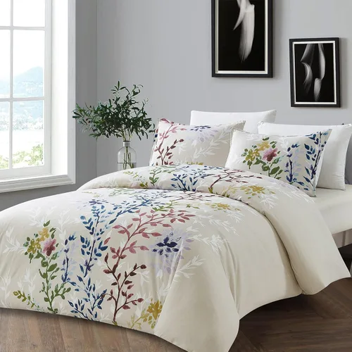Vista 2 de Style Quarters Dahlia Lane - Juego de funda de edredón de 3 piezas, tallos florales multicolor con siluetas de hojas blancas, 100% algodón, lavable