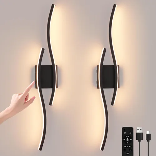 Vista 15 de Juego de dos apliques de pared LED modernos, apliques de pared regulables, 3000K-6500K LED inalámbrico con control remoto, lámpara de pared