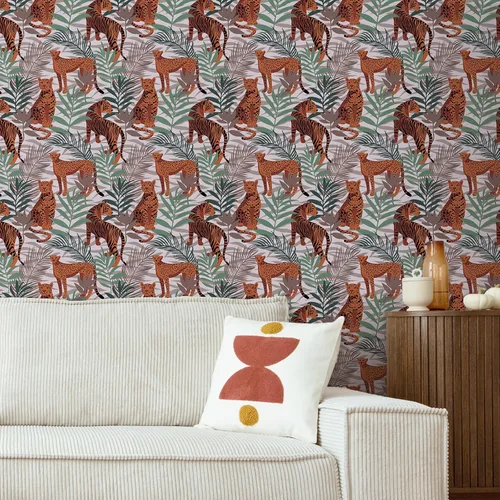 Vista 5 de CRE8TIVE Papel tapiz de animales de tigre y leopardo, hojas exóticas de selva tropical, papel tapiz de despegar y pegar, papel tapiz de 12 x 118