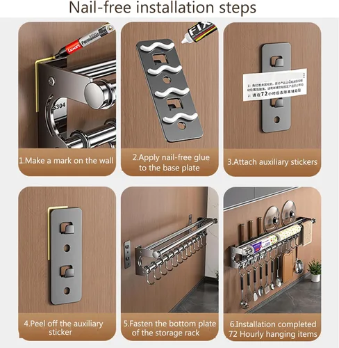 Vista 6 de Soporte de pared para cuchillos colgantes de pared, ahorra espacio, con ganchos, organizador de cocina, estante de almacenamiento para utensilios