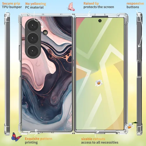 Vista 7 de Funda para Samsung Galaxy Z Fold 7 5G, diseño de mármol, delgada, anticaídas, a prueba de golpes, suave, a prueba de golpes, transparente, fundas
