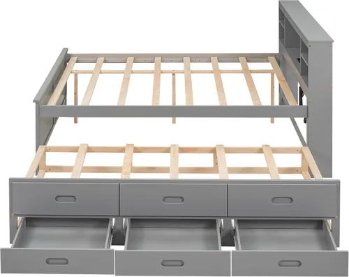 Vista 5 de VilroCaz Moderna cama de plataforma de tamaño matrimonial con cabecera de almacenamiento, base de cama de plataforma de madera maciza con nido
