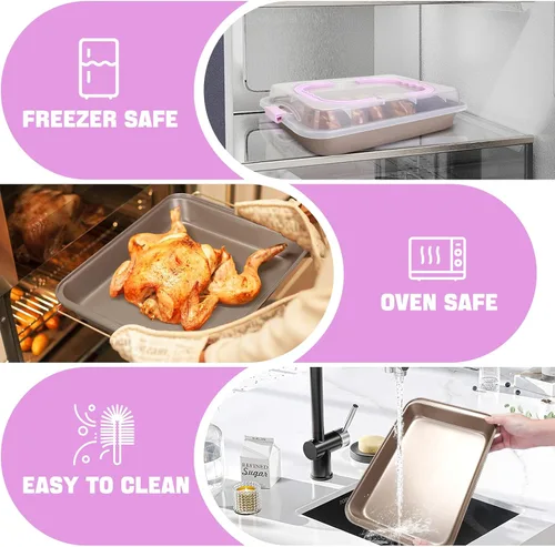 Vista 2 de Molde rectangular para pasteles con tapa, bandeja para hornear de 9 x 13 pulgadas con tapa y asa, antiadherente para hornear y asar y cocinar