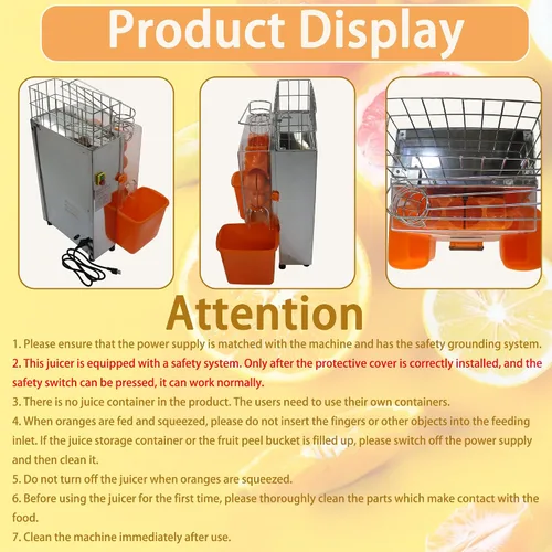 Vista 9 de Máquina exprimidora naranja comercial de 110 V, extractor automático de acero inoxidable naranja con engranajes de acero, 2 cáscaras que recogen