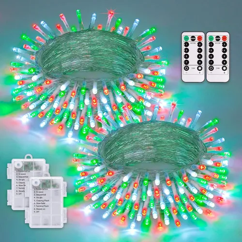 Vista 35 de JMEXSUSS Luces de Navidad multicolor que funcionan con pilas con 8 modos de control remoto, impermeables, 33 pies, 100 luces LED de Navidad