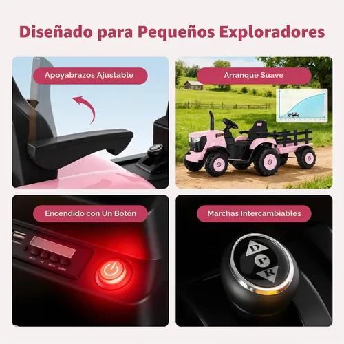 Vista 11 de Tractor de paseo de 24 V para niños, remolque desmontable, rosa
