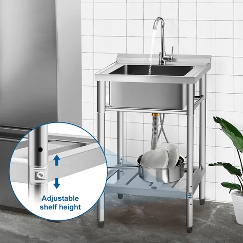Vista 3 de YORKING Fregadero de acero inoxidable, fregadero de cocina de un solo tazón con tubo de agua fría y caliente para lavandería, granja