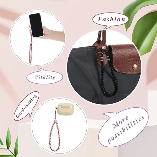 Vista 4 de Weewooday Correa de cordón para teléfono celular, 3 piezas, abalorios de cristal brillantes, correa de muñeca con cuentas para mujer