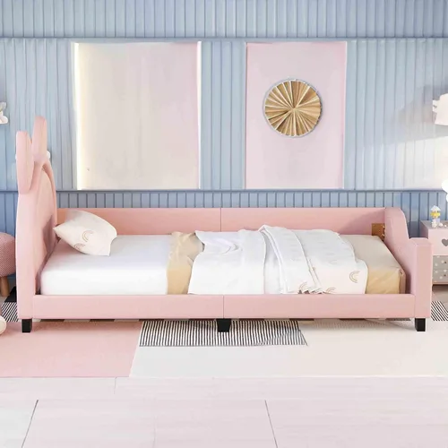 Vista 5 de Sofá cama con cabecero, cámaras en forma de conejo, base de cama de madera con plataforma individual para niñas y niños, bonito sofá cama tapizado