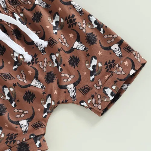 Vista 7 de Conjunto de pantalones cortos con cordón elástico y cordón para bebé, estilo vaquero, estampado de vaca
