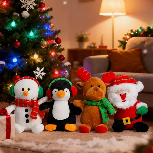 Vista 3 de Juego de 4 Muñecos de Peluche de Navidad Juguete de Peluche de Papá Noel Animal de Peluche Juguete Animal Reno Lindo Muñeco de Nieve Alce Claus