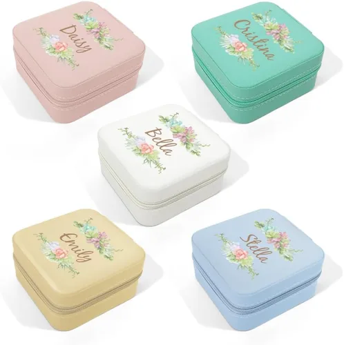 Vista 3 de Joyero personalizado con nombre y floral, estuche de viaje personalizado, organizador de dama de honor, regalos de cumpleaños para mujeres