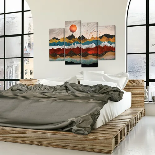 Vista 2 de Lienzo grande de 4 piezas de arte de las montañas preciosas coloridas imágenes de paisaje giclée, arte de pared de mediados de siglo, decoración
