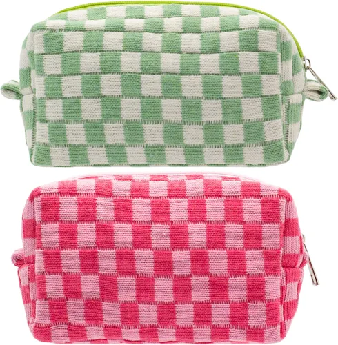 Vista 35 de PAZIMIIK Bolsa de Maquillaje a Cuadros para Bolso Portátil con Cremallera, Estuche Pequeño de Cosméticos para Accesorios de Viaje, Azul Ártico