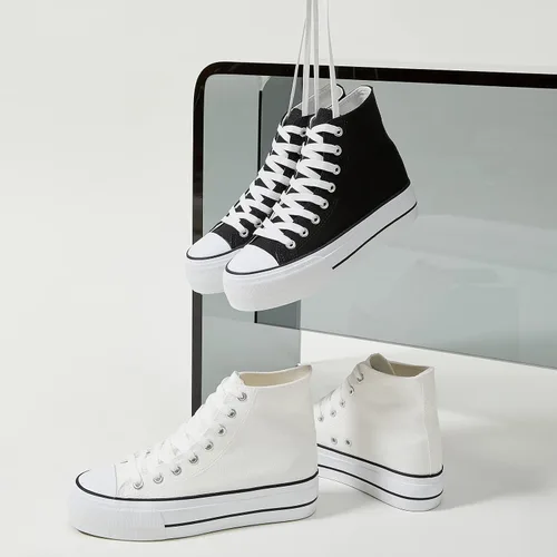 Vista 5 de FINIWOR Tenis de plataforma para mujer, zapatos de lona blancos de alta calidad, zapatos clásicos de plataforma negra, zapatos casuales con cordones